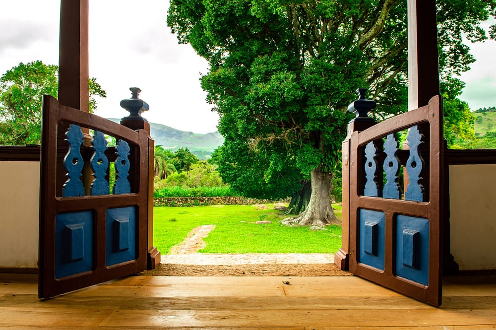 A wooden porch with short borwn and blue swinging doors. The doors open towards the camera to a green front yard with large oak trees.