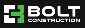 Bolt Construction's white and green logo on a black background.