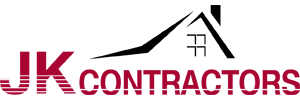 JK Contractors' logo in red text with a black rooftop above it.