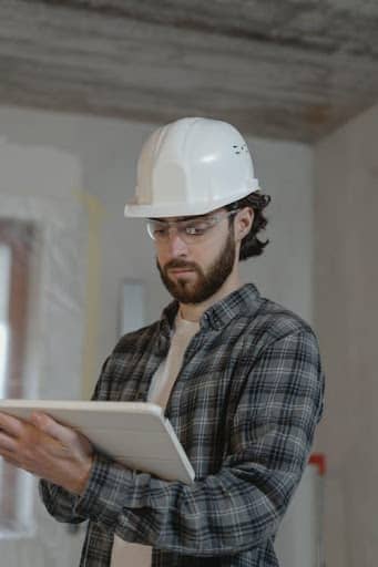 A person wearing a white hard hat and a dark gray flannel looking down at a white tablet. 