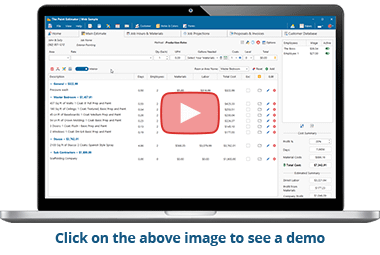 A laptop displaying an estimating software with a red play button in the middle and blue text underneath reading "click on the above image to see a demo."