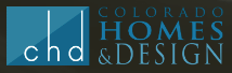 Colorado Homes & Design's logo on a black background with blue text. To the left is a blue box containing white letters reading "chd."