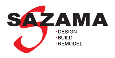A large red S with Sazama's logo in black text overlapping it. Three bullet points rest below reading "DESIGN," "BUILD," and "REMODEL."