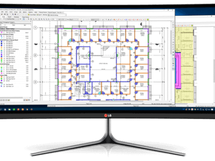 A desktop computer displaying OnCenter's estimating software with a blueprint.