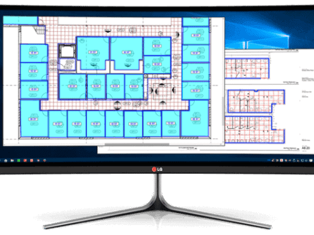 A computer monitor displaying two windows with red and blue blueprints.