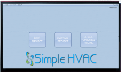 A screenshot of Simple HVAC's software with three buttons labeled "New Project," "Existing Project," and "Default Options & Pricing."