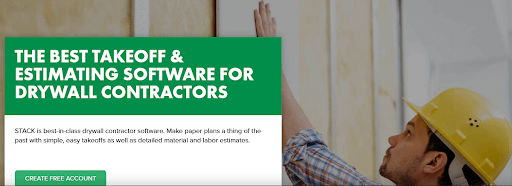 A screenshot of Stack's website with a section titled "The Best Takeoff & Estimating Software For Drywall Contractors" with imagery of a person in a yellow hard hat.