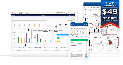 A laptop, smartphone, and tablet displaying Contractor Foreman software with graphs, blueprints, and menus. A blue banner reads "Plans Start At $49 Per Month." 