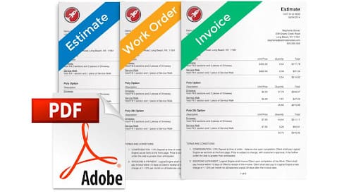 Three Adobe PDF's titled "estimate," "work order," and "invoice.'