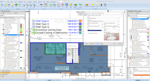 A screenshot of Planswift's software with menus on the right and left and a dark blue blueprint in the middle.