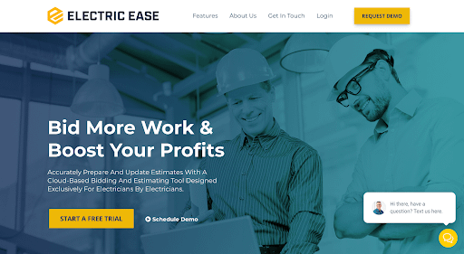 A screenshot of Electrical Ease's homepage with blue imagery of electricians, yellow details, and a title reading "Bid More Work & Boost Your Profits."
