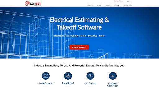 A screenshot of Intellibid's homepage with a blue header titled "Electrical Estimating & Takeoff Software."