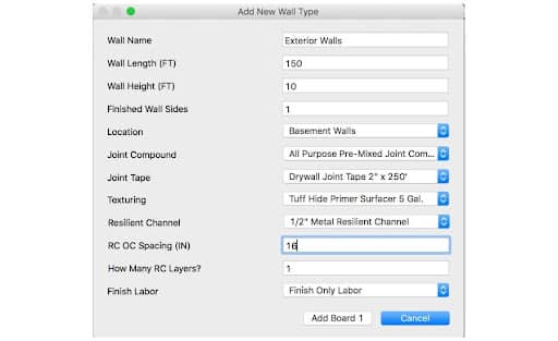 A screenshot of a window in Pro Bid Drywall's software with drop-down menus to enter wall dimensions.