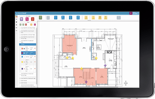 Square Takeoff's software displayed on a tablet with a blueprint and menu bar on the right.