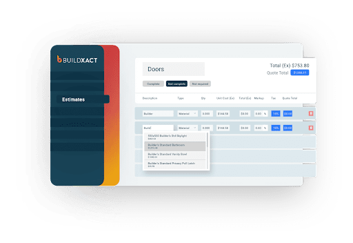 A screenshot of the Buildxact interface with a gray and orange menu on the left and a table estimating the price of doors on the right.