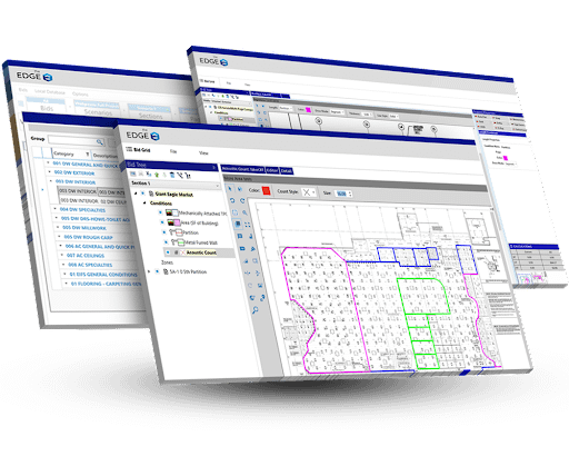 Three titled screenshots of Estimating Edge's interface with menus and blueprints.