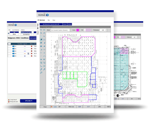 Three desktop windows displaying the Estimating Edge estimator tool and blueprints with neon details.