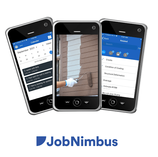 Three smartphones displaying JobNimbus software with imagery of a painter, a calendar, and repair menu. 
