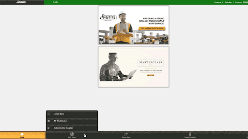 A screenshot of the Jonas Enterprise website with the mouse hovering over the 'Work Orders' tab to display a three-section menu.