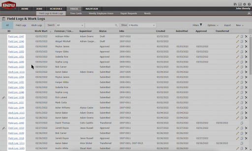 A screenshot of the B2W website with the field log id's highlighted in the far left column.