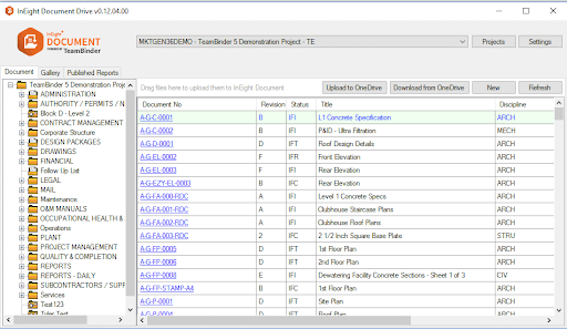A screenshot of the InEight Document  interface with a folder menu on the left and documents listed on the right.
