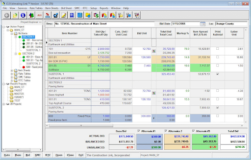 A screenshot of the CLI Estimating Link interface with a menu on the left and a multicolor table on the right displaying item names and costs.