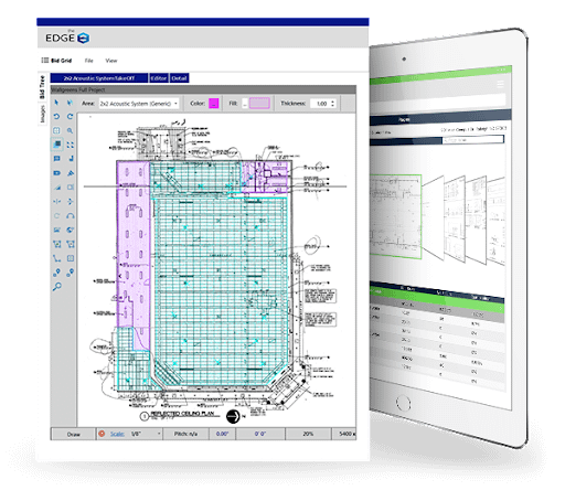 A screenshot and tablet displaying the Estimating Edge software with a blueprint and toolbar on the left.