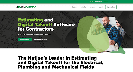 A screenshot of McCormick Electrical Estimating's homepage with imagery of electricians looking at a blueprint and a header reading "Estimating and Digital Takeoff Software for Contractors."