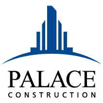 Palace Construction's logo in black serif text with blue skyscraper imagery.