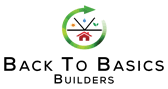Back To Basics Builders' logo with a small red house and a clockwise green arrow surrounding it.