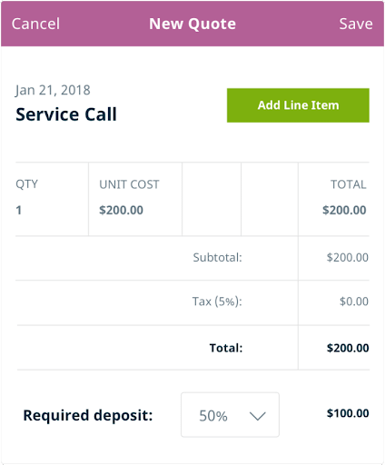 A screenshot of Jobber's software estimating a "new quote" for a service call.
