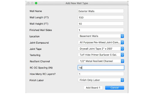 A screenshot of a window in Pro Bid Drywall's software with drop-down menus to enter wall dimensions.