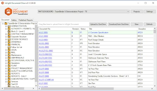 A screenshot of the InEight Document interface with a folder menu on the left and documents listed on the right.